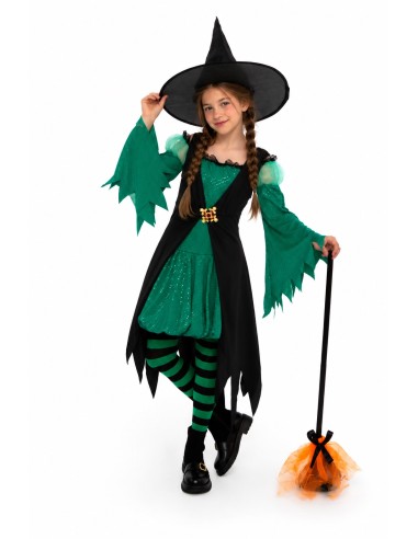 Disfraz Bruja Verde Esmeralda de alta calidad, ideal para carnaval, fiestas temáticas y eventos especiales.
