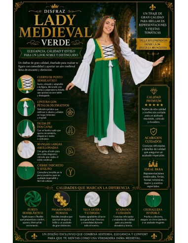 Disfraz Mujer Medieval Verde Talla M Nuevo | Disfraces Adultos El Rey del Carnaval