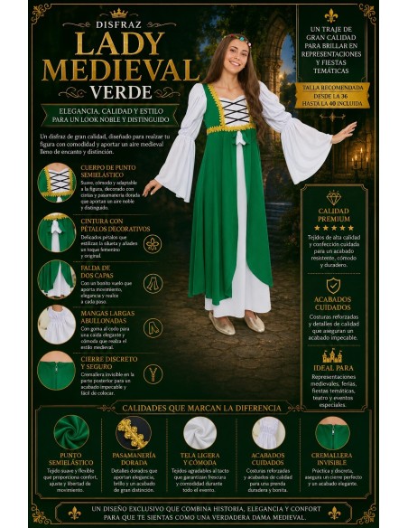 Disfraz Mujer Medieval Verde Talla M Nuevo | Disfraces Adultos El Rey del Carnaval