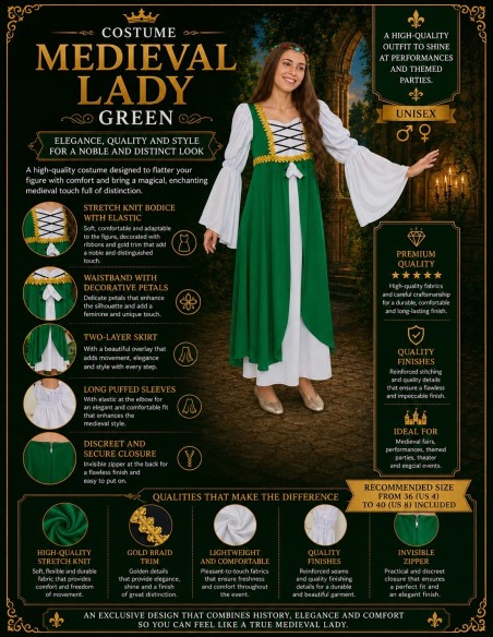 Costume Femme Médiévale Vert Taille M Neuf | Costumes Adultes Le Roi du Carnaval