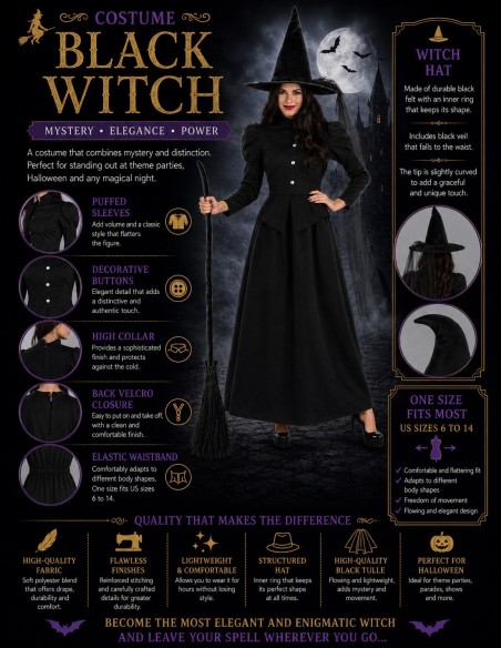 Costume de Sorcière Noire Taille M Neuf | Déguisements pour Adultes Le Roi du Carnaval