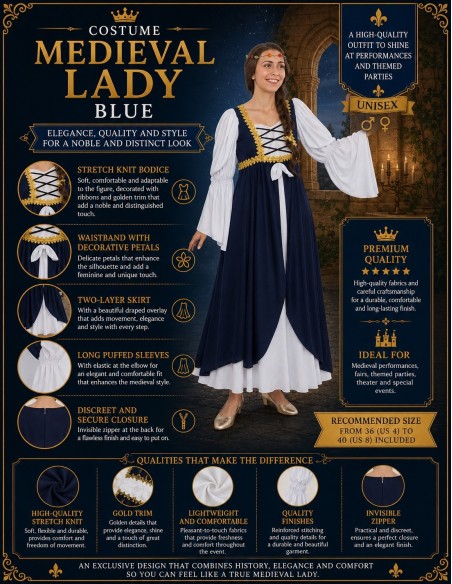 Déguisement Femme Médiévale Bleu Taille M Neuf | Costumes pour Adultes Le Roi du Carnaval
